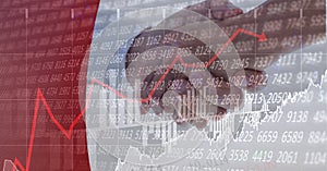 Composition of financial data processing over businessman handshake