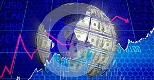 Composition of financial data processing over globe formed with american dollar bills