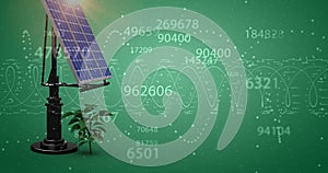 Composition of financial data processing over solar panel and plant on green background