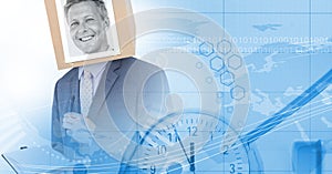 Composition of financial statistics processing, clock and businessman in background