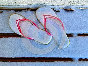 composition of Flip flops covered with snow. Ideal image for tourism.