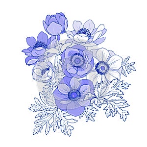 Composition with flowers and leaves of anemones