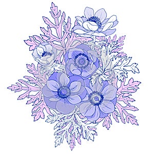 Composition with flowers and leaves of anemones