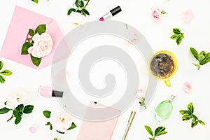 Composition with flowers, pink envelope, coffee mug, cosmetics and gifts on white background. Flat lay, top view. Valentines day