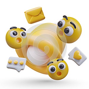 Composition with flying yellow emoji in different positions, big bell, flying messages, and envelope