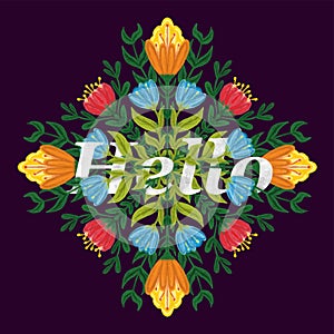 composition of folk styl flowers drawn in yellow and green colors with the word hello on a dark background, vector