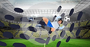 Composition of football goalkeeper over grey splodges and sports stadium background