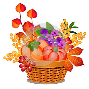 Composition in the form of a wicker basket filled with ripe vegetables, fruits of physalis or winter cherry and autumn