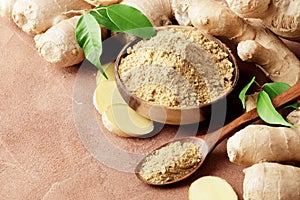 Composition of fresh and dry ginger on a textured
