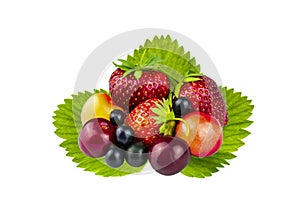 Composition of fresh fruits on a strawberry leaf isolated on a white background