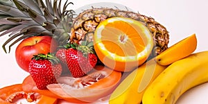 Composition with fresh fruits on a white background. Balanced diet.