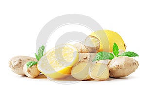 Composition of fresh ginger root, lemon and ginger