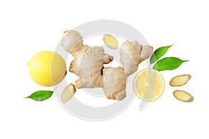 Composition of fresh ginger root, lemon and ginger pieces isolated on white