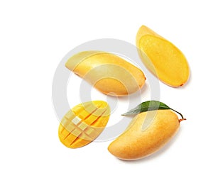 Composition with fresh mango fruits on white background