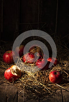 Composition of fresh organic apple , village style. wooden table and black background.
