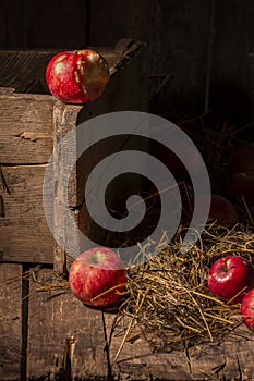 Composition of fresh organic apple , village style. wooden table and black background.