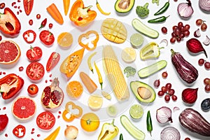 Composition with fresh organic fruits and vegetables on white background, top view