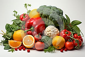 Composition with fresh vegetables and fruits on white background. Balanced diet