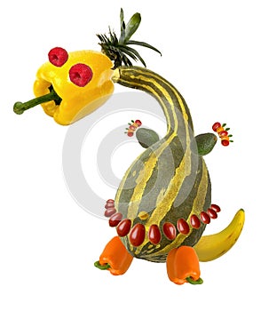 Composition of fruits healthy eating concept, creative dinosaur, vegetarianism