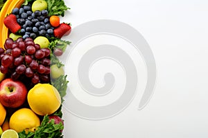 Composition of fruits and vegetables isolated on white background. Nice wide frame with free space for text. Collage