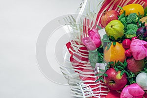 Composition of fruits and vegetables with space for text