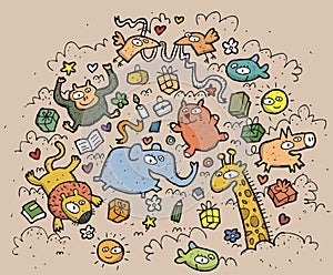 Composition of funny animals and objects: hand drawn illu