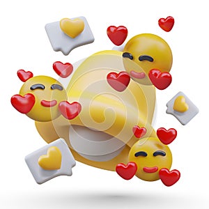 Composition with funny yellow big bell, flying emoticons with red hearts, and messages with hearts