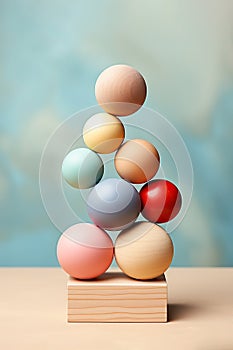 Composition of geometric wooden balancing stones. Concept of balance, eco frendly. Pastel background with copy space