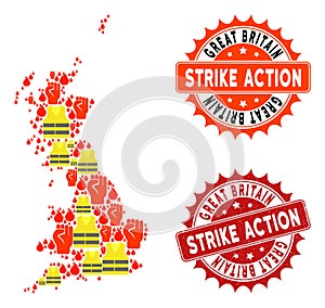 Composition of Gilet Jaunes Protest Map of Great Britain and Strike Action Stamps