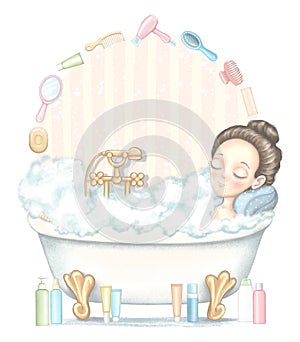Composition with girl in bathtub and different cartoon objects for body care cosmetics