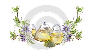 Composition of glass teapot and cup, passion flower, stem watercolor illustration isolated on white. Herbal tea, health