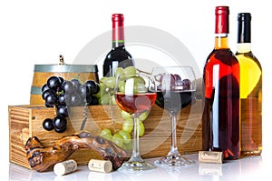 Composition with glasses and bottles of wine, a cask, corks, a c