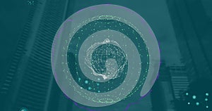 Composition of globe with networks of connections and cityscape