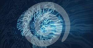 Composition of glowing computer microchip and motherboard on dark background