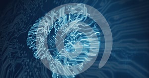 Composition of glowing computer microchip and motherboard on dark background