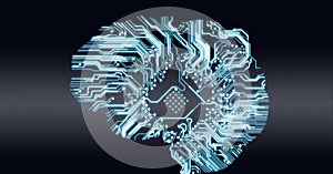 Composition of glowing computer microchip and motherboard on dark background