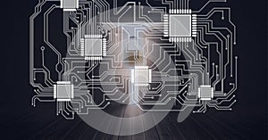 Composition of glowing computer microchips and motherboard with padlock on dark room background
