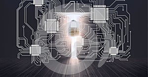 Composition of glowing computer microchips and motherboard with padlock on dark room background