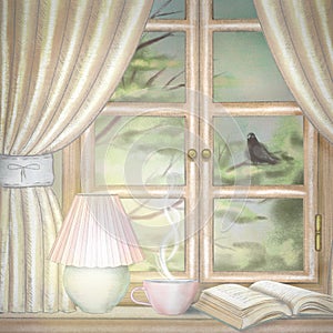 Watercolor and lead pencil graphic composition with glowing lamp, book and cup of tea on the window with night landscape