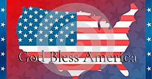 Composition of god bless america text over map of america filled with american flag