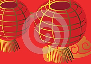 Composition of gold and red chinese lampions on red background