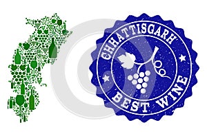 Composition of Grape Wine Map of Chhattisgarh State and Best Wine Grunge Watermark