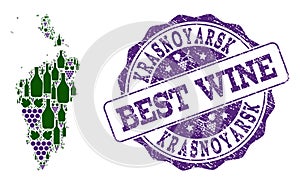 Composition of Grape Wine Map of Krasnoyarskiy Kray and Best Wine Stamp