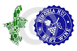 Composition of Grape Wine Map of Ningxia Hui Region and Best Wine Grunge Watermark