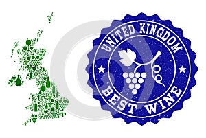 Composition of Grape Wine Map of United Kingdom and Best Wine Grunge Watermark