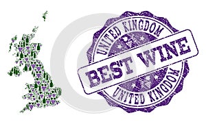 Composition of Grape Wine Map of United Kingdom and Best Wine Stamp