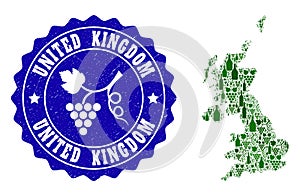 Composition of Grape Wine Map of United Kingdom and Grape Grunge Stamp