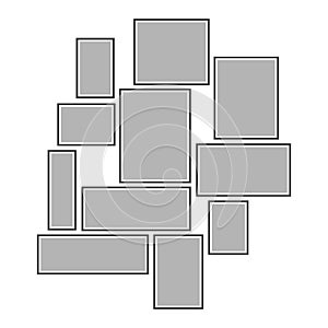 Composition of gray photo frames on the wall. Framework on a white background