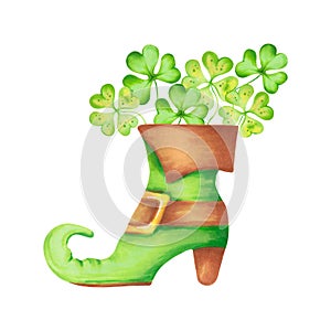 Composition of green leprechaun shoe with gold buckle and clover.Clipart for St. Patricks Day celebration