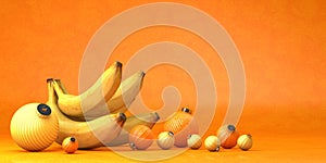 Composition of group bananas toys decoration and bananas